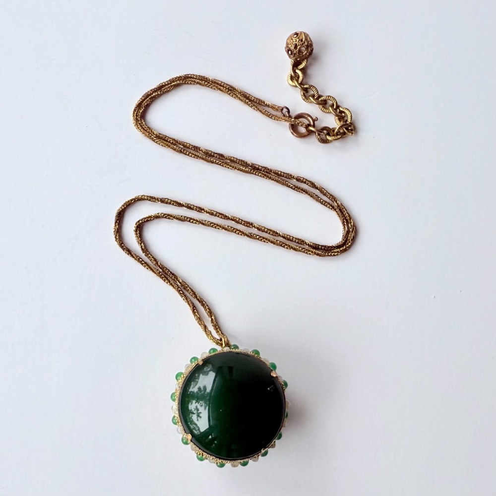 Vintage Chanel Mid-Century Glass Cabochon & Filigree Pendant Chain Necklace